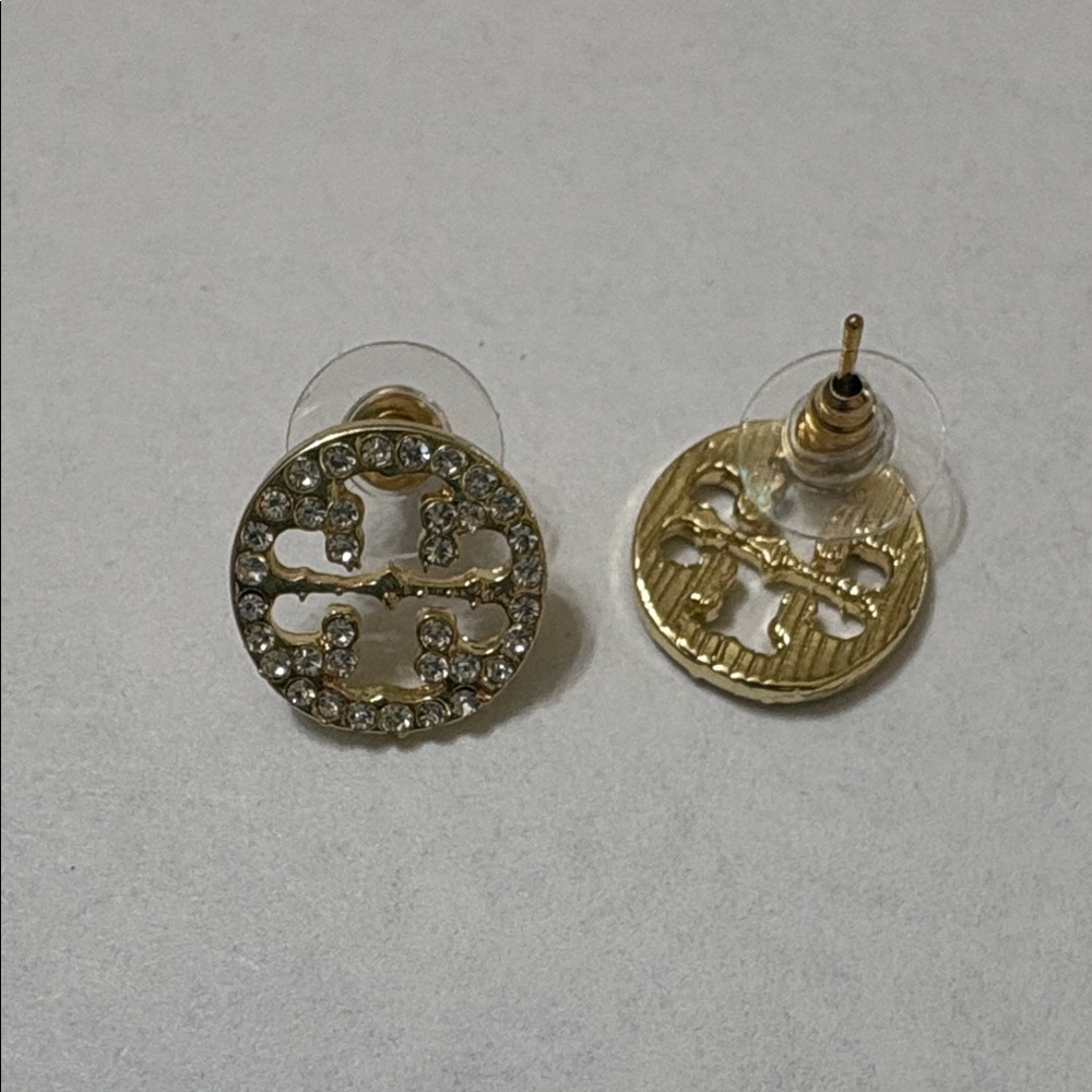 Gold Crystal Round Logo Stud Earrings
